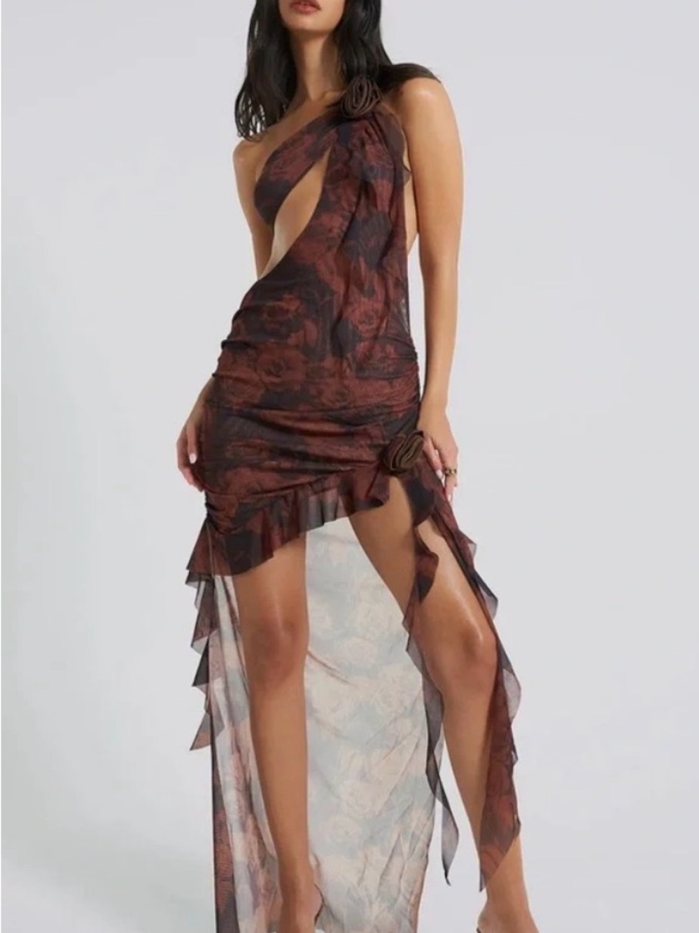 Jaded London Brown Floral One-Shoulder Asymmetric Dress